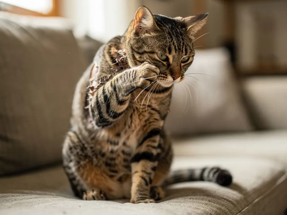 Kucing tabby menggaru leher di atas sofa