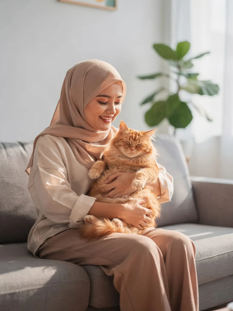 Pemilik kucing memeluk kucing oren yang tenang dan sihat di ruang tamu