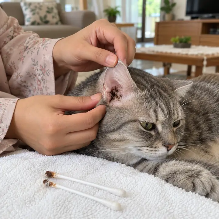 Tangan pemilik menyelak telinga kucing kelabu yang ada kotoran hitam, dengan dua cotton bud kotor di atas tuala