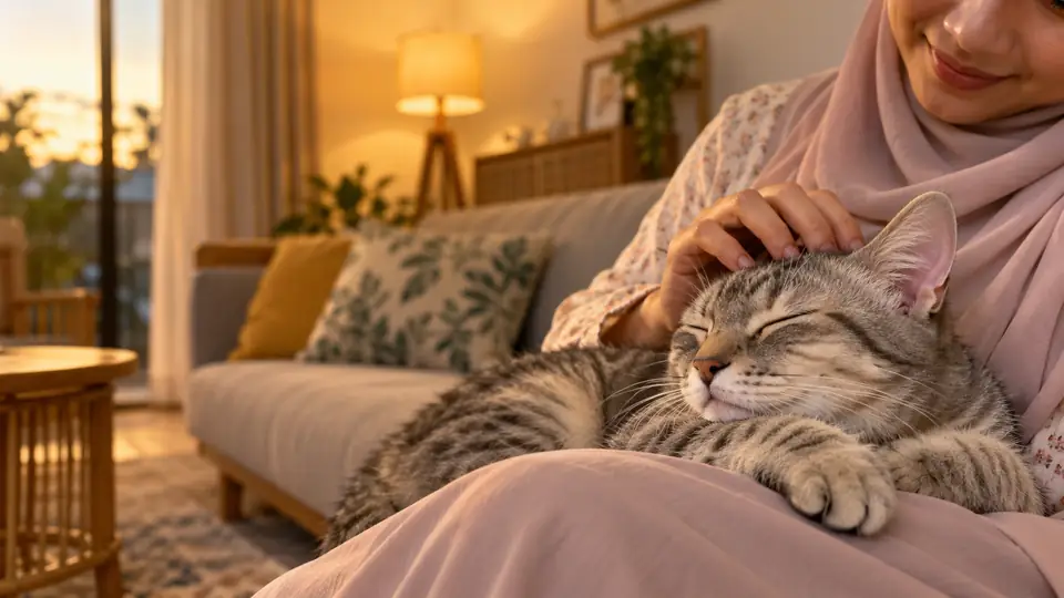 Kucing kelabu tidur lena di riba pemiliknya