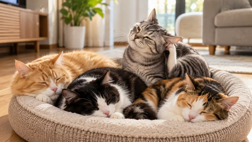 Empat ekor kucing tidur dalam satu katil kucing, seekor kucing kelabu menggaru telinga