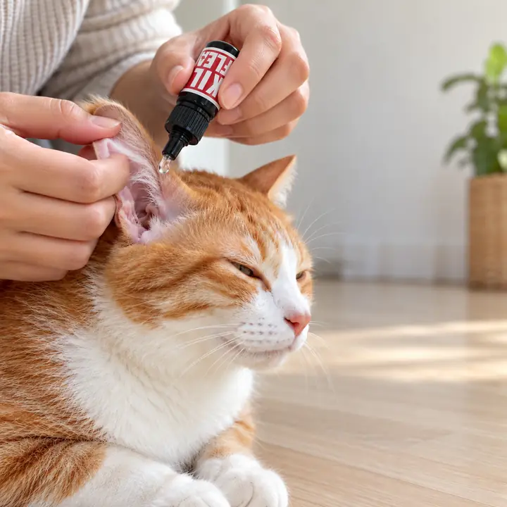 Tangan menitis ubat ke dalam telinga kucing oren yang tenang